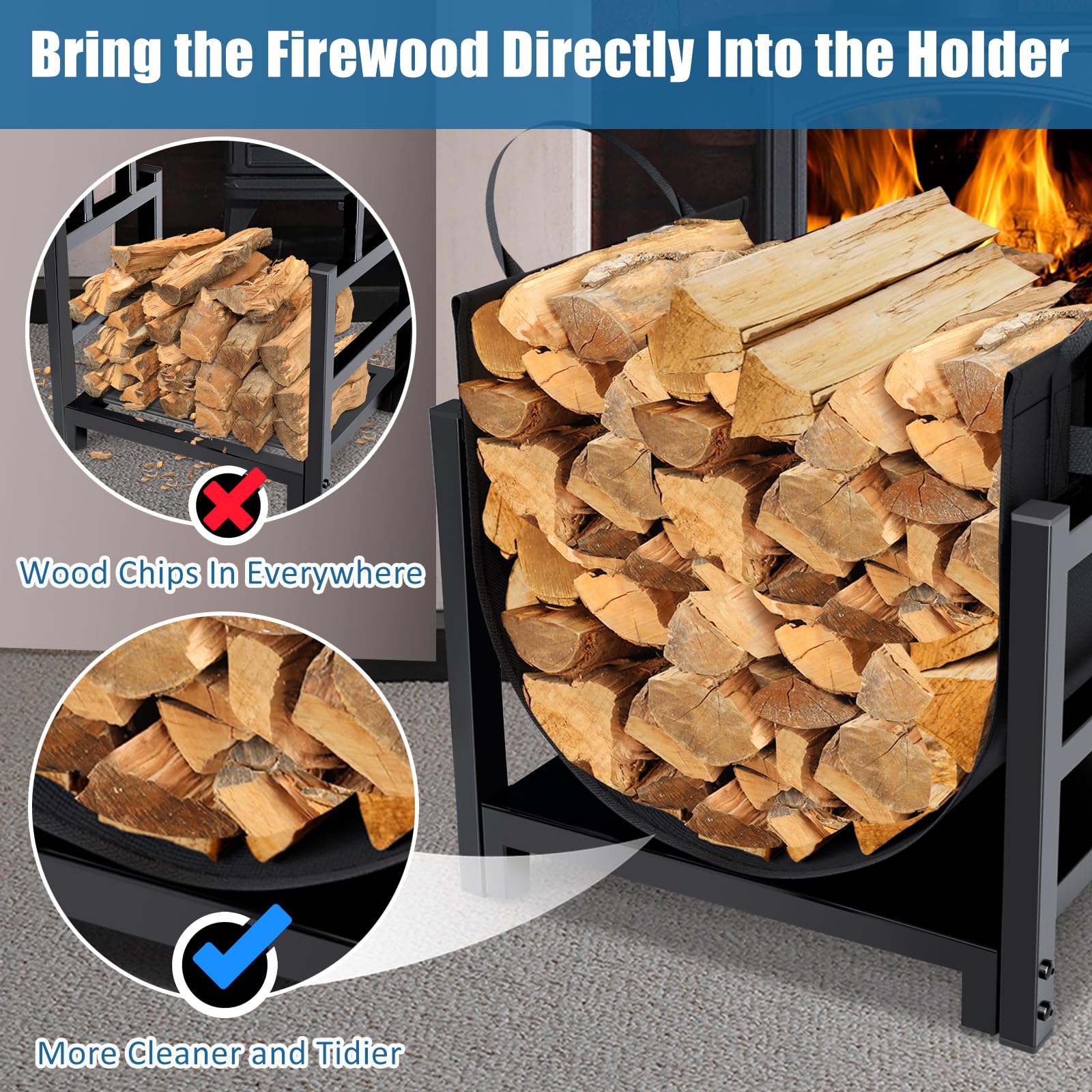 MOFEEZ indoor fireplace setup blends classic style with practical storage.