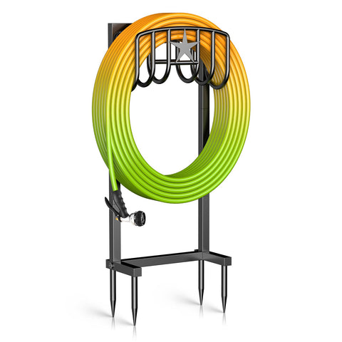 Mogaath garden hose holder with freestanding stand keeps hoses neatly organized outside.