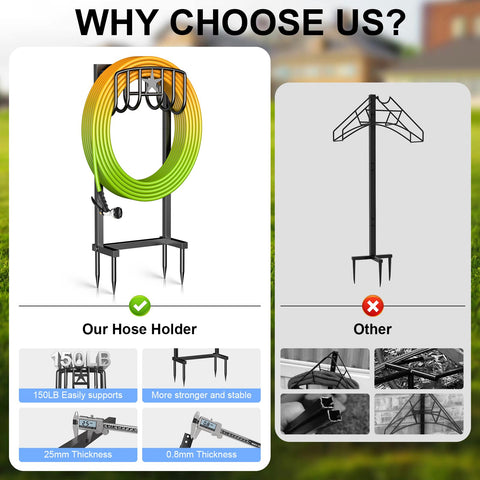 Mogaath hose holder accommodates up to 150 feet of hose for large yards.