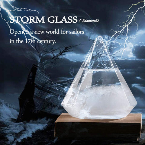 Harmonious wooden base supports the storm glass for desktop display.