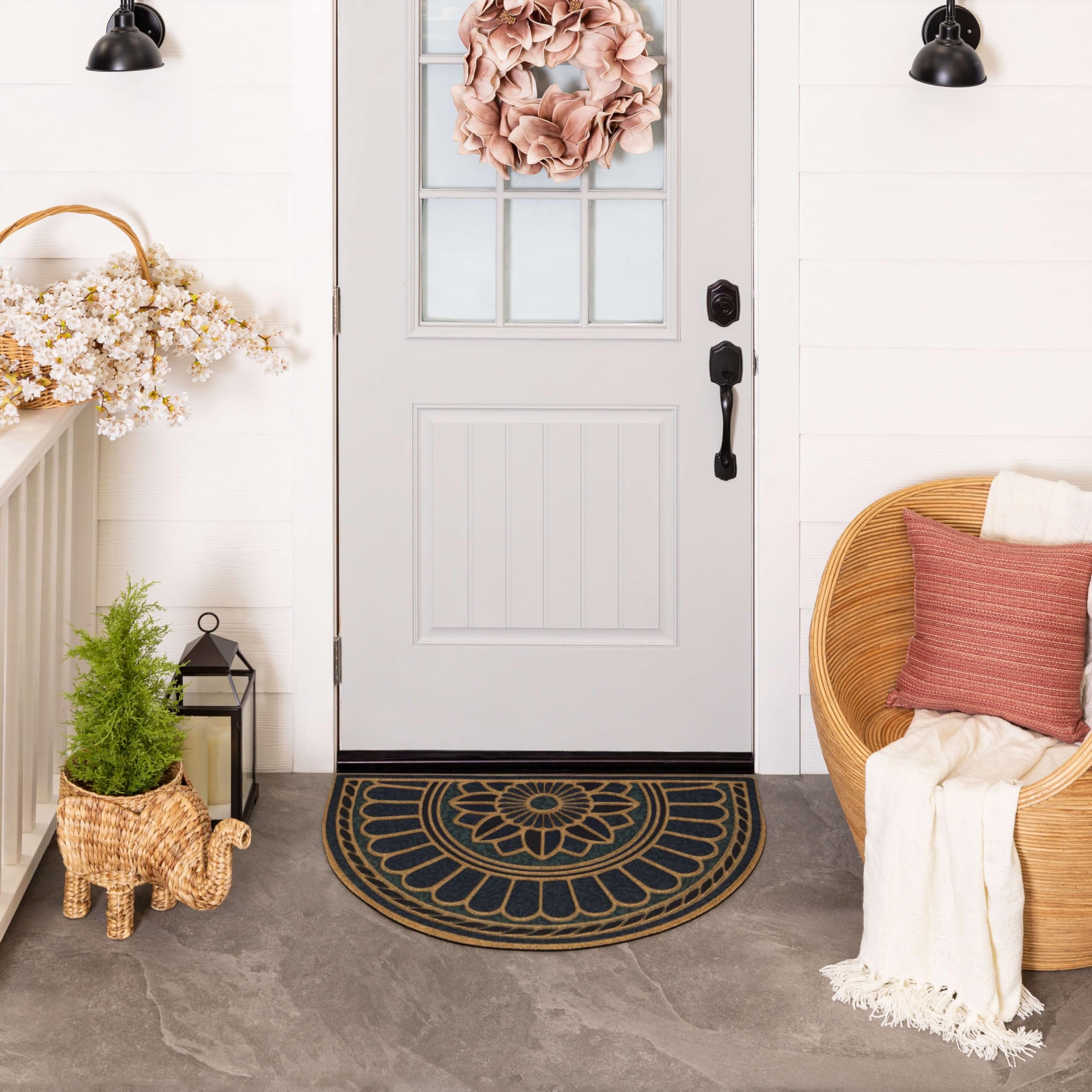 Mohawk Home Swirl Denim Blue door mat absorbs moisture for quick doorway dryness