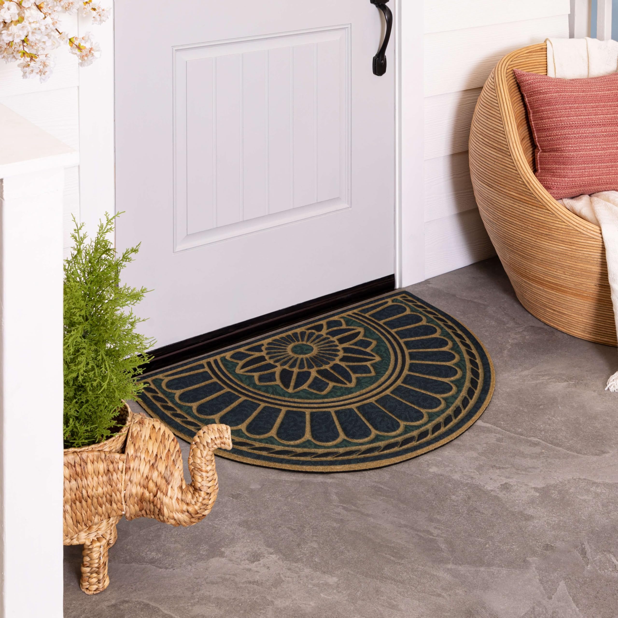 Mohawk Home Swirl Denim Blue door mat with recycled rubber backing for stable footing