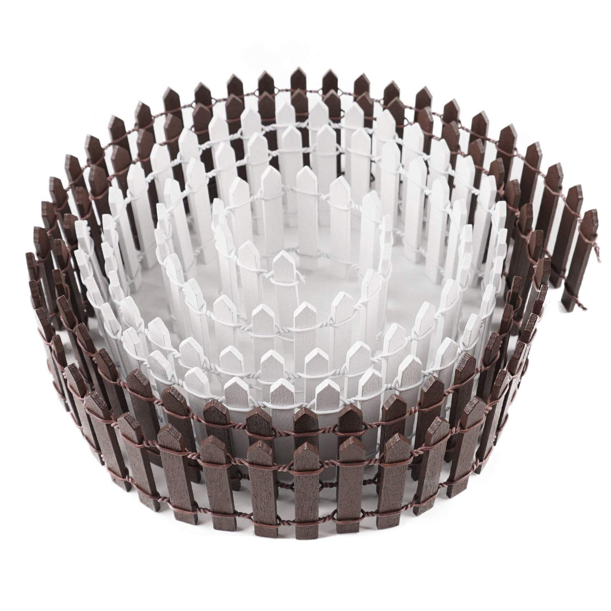 MoHern miniature wood picket fence in brown enhances rustic fairy garden design