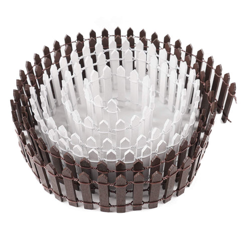 MoHern miniature wood picket fence in brown enhances rustic fairy garden design