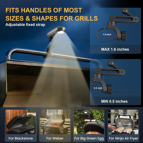 MOIPEJO grill light extended bracket ensures reach from handle to lid edge adapts to most grills.