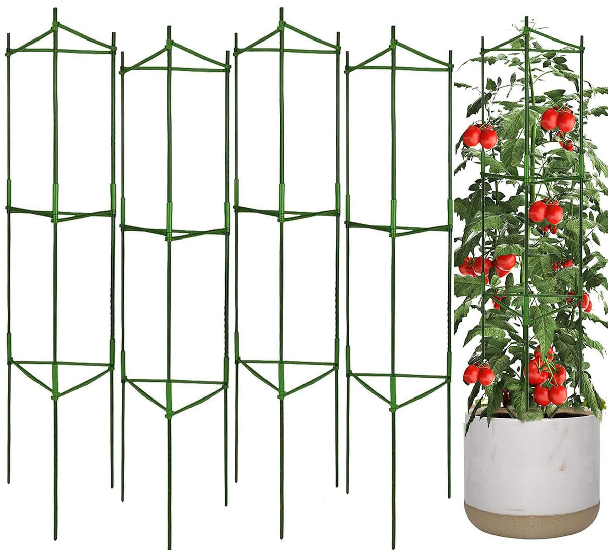 Moirsunt 4Pack tomato cages assembly illustrating quick garden setup and space-saving storage