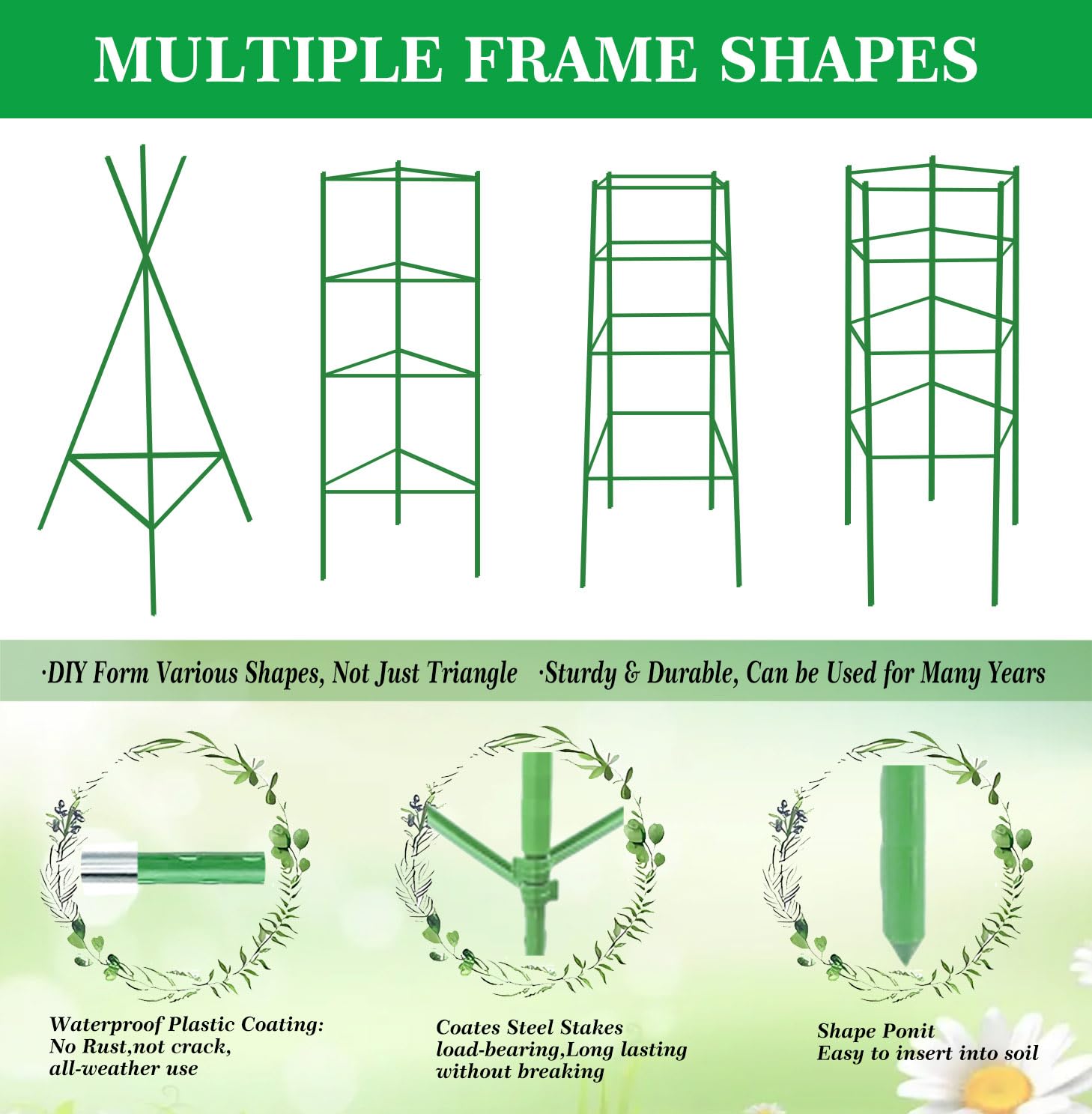 Moirsunt tomato stakes with weather resistant green coating endure outdoor use.