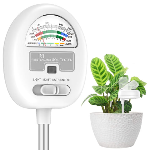 Moistenland 4-in-1 soil tester shows moisture and pH for healthy plants.