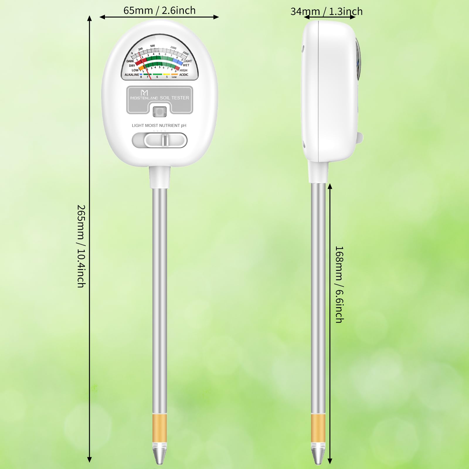 Moistenland meter runs without batteries for portable gardening.