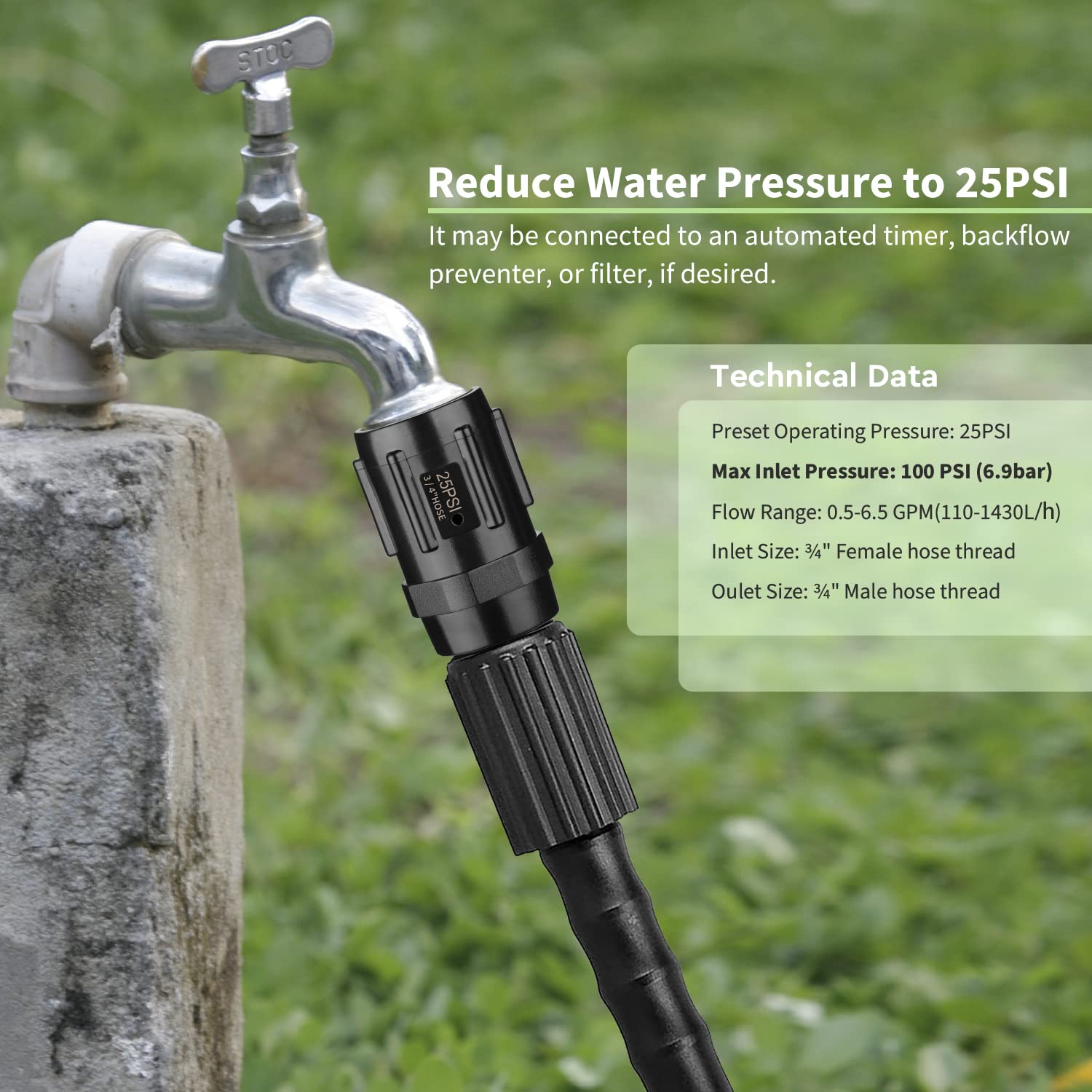 Moistenland drip irrigation regulator connection supports standard hose compatibility for easy setup