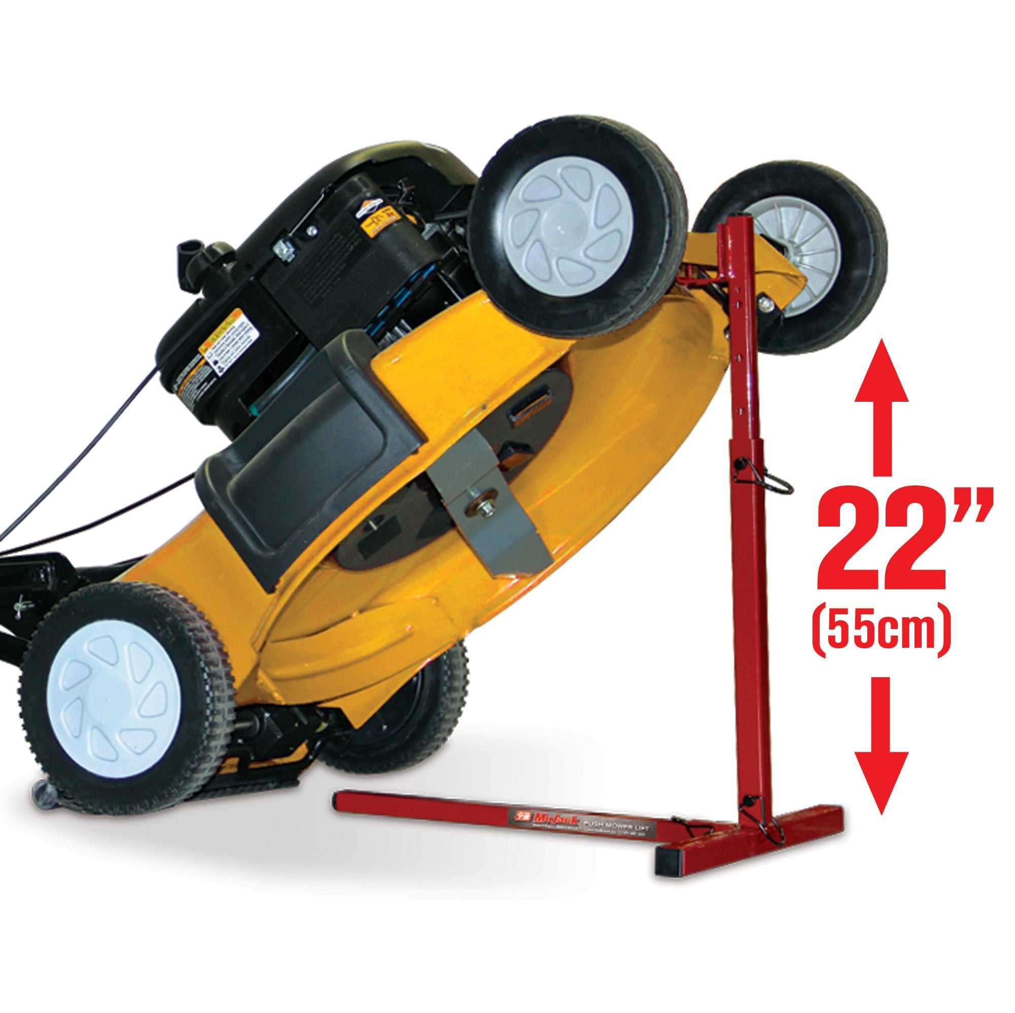 Front-end lifting support for residential push mowers with 40 lb capacity