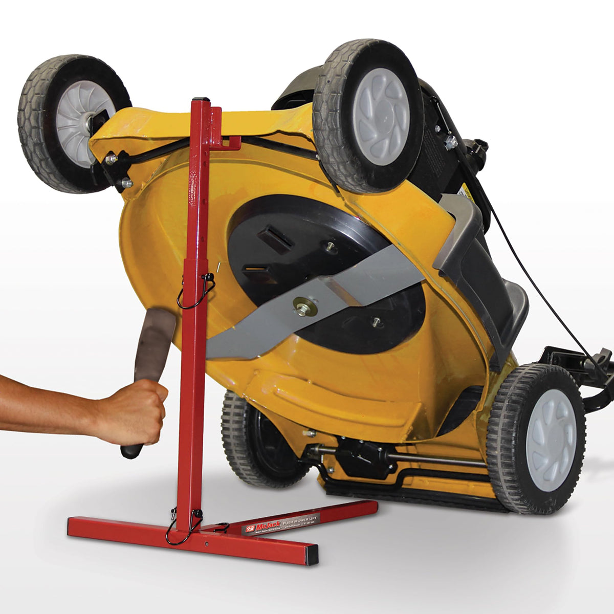 MoJack 45014 push lawn mower lift, front view, for easy blade access