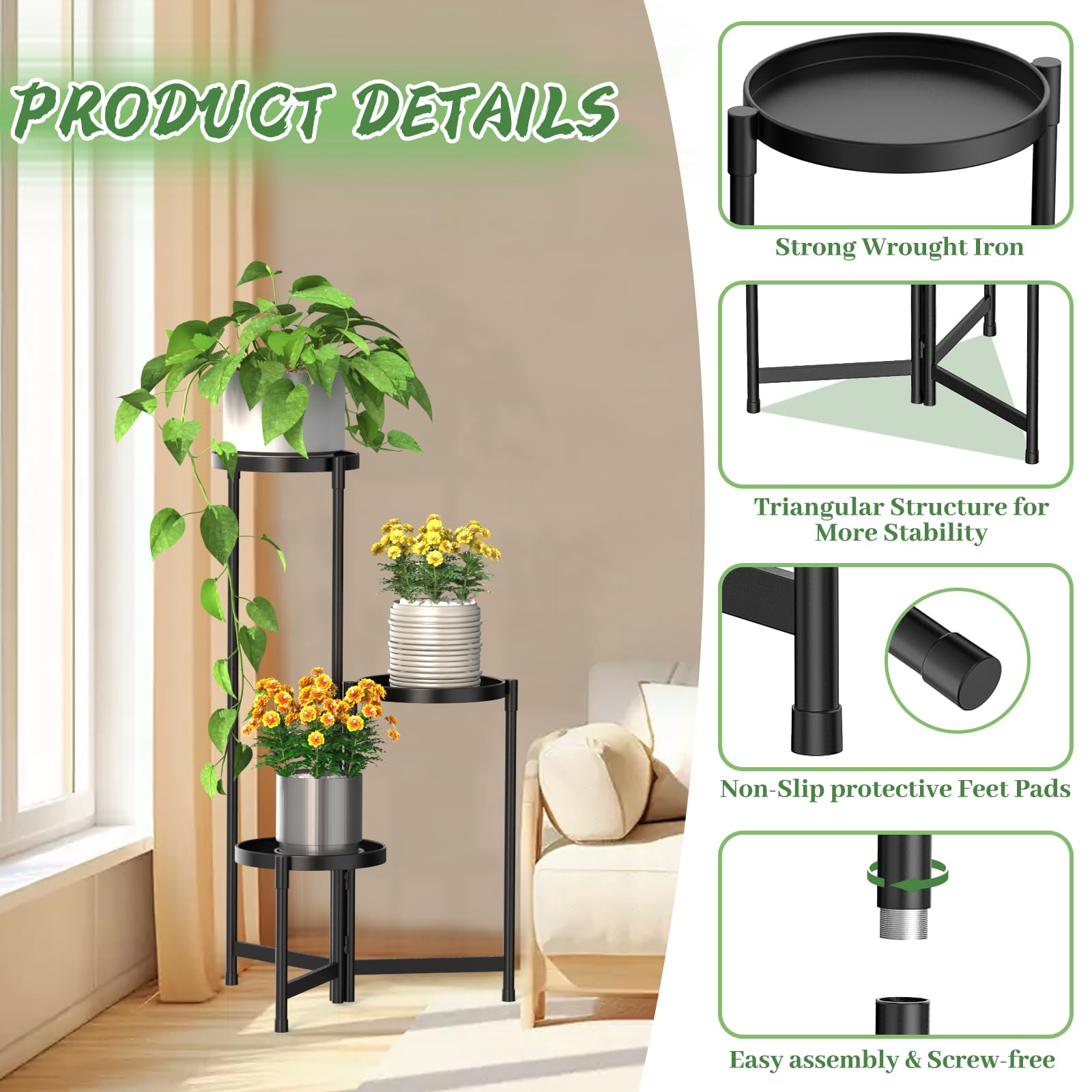 MOKANI black 3-tier rack suitable for patios, balconies, living rooms.