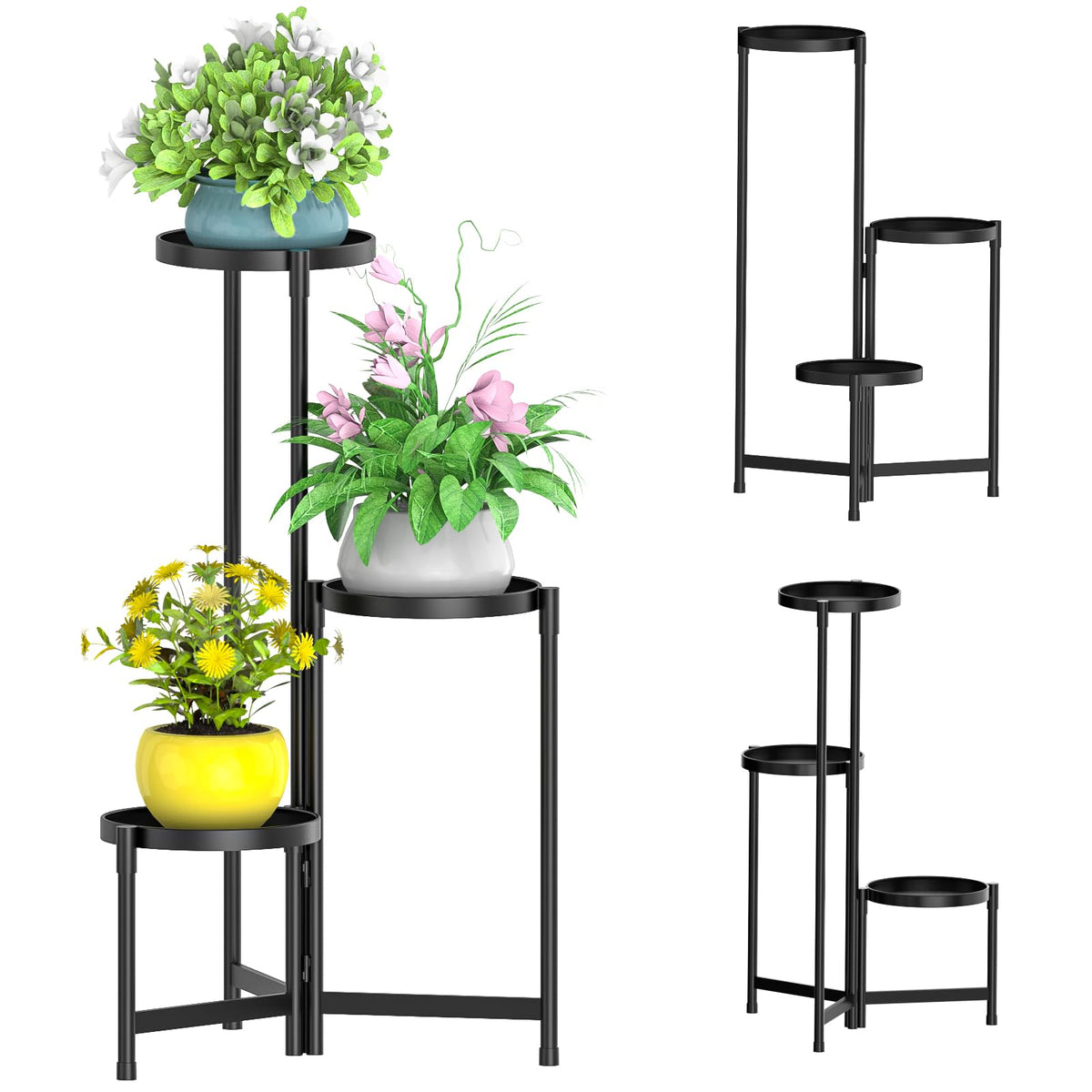 MOKANI three-tier metal plant stand in black for indoor and outdoor use.