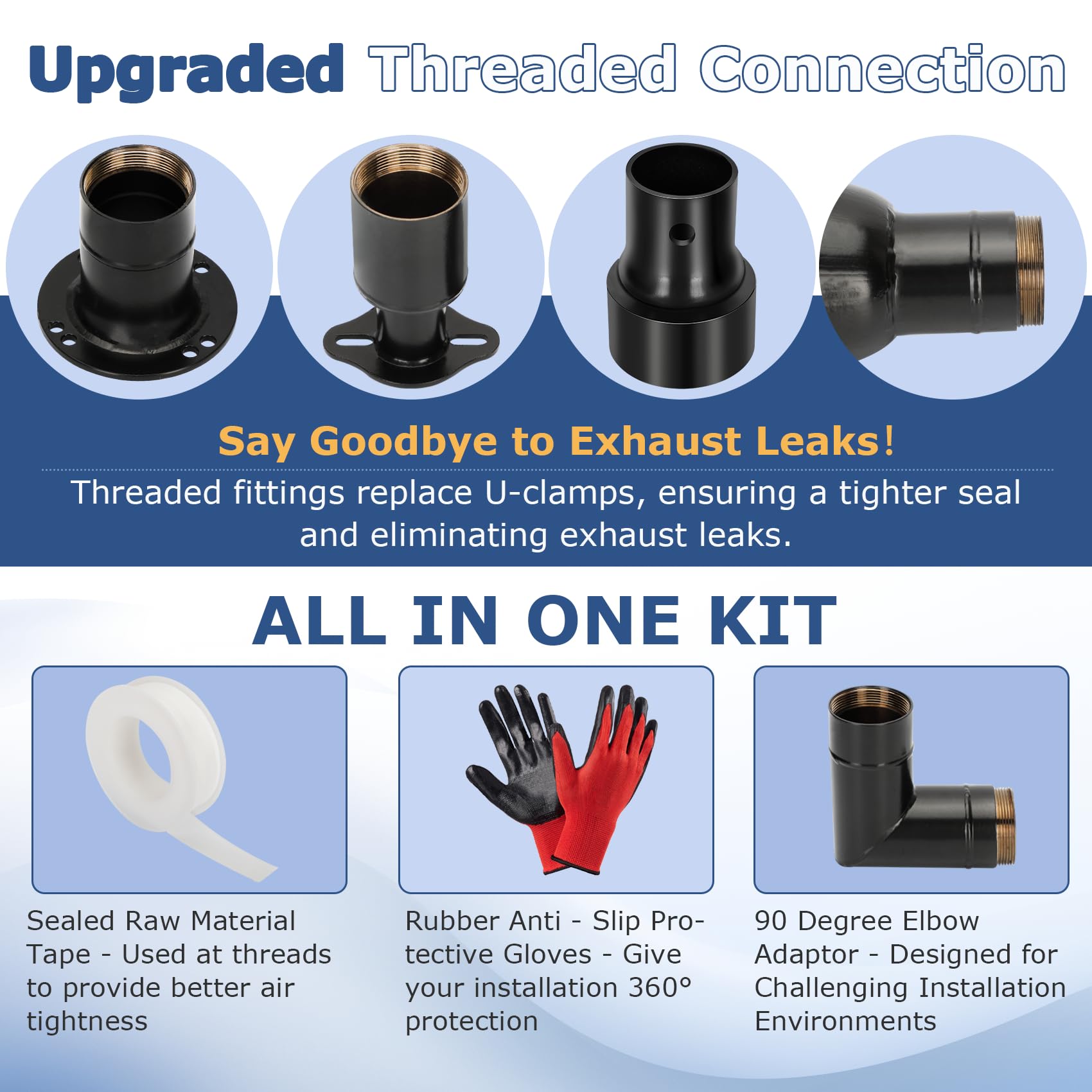 Mokemok exhaust extension silencer kit includes 90-degree elbow for tight spaces.