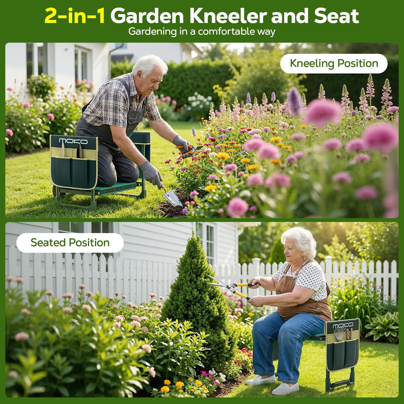 MoKo garden kneeler sturdy iron frame supports up to 350 lbs.