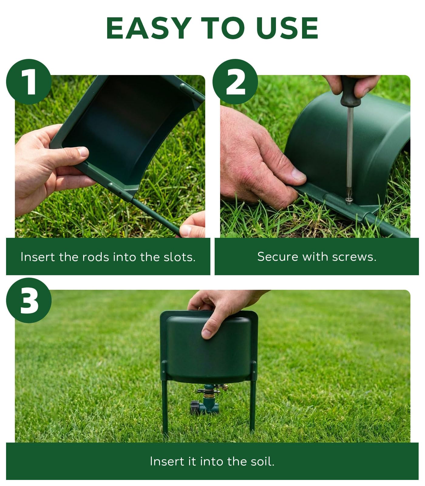 MoKo sprinkler guard blends with greenery for tidy, unobtrusive irrigation protection.