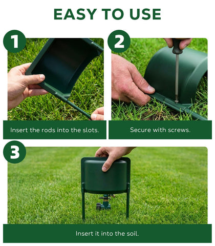 MoKo sprinkler guard blends with greenery for tidy, unobtrusive irrigation protection.