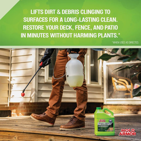 Before-and-after scene shows Mold Armor E-Z Deck Wash transforming a tired deck.