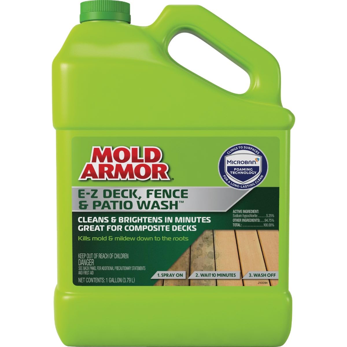 Mold Armor E-Z Deck/Fence/Patio Wash bottle beside a weathered deck ready for cleaning.