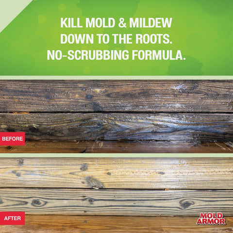 Mold Armor E-Z Deck Wash spray-on application removes dirt from deck boards.