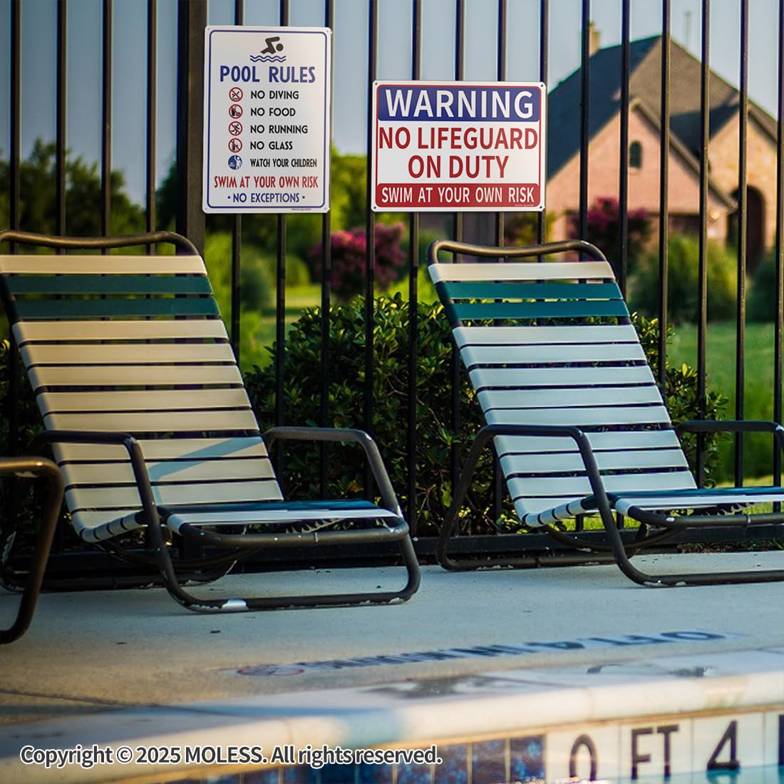 MOLESS aluminum pool sign durable and rust-resistant for outdoor conditions.