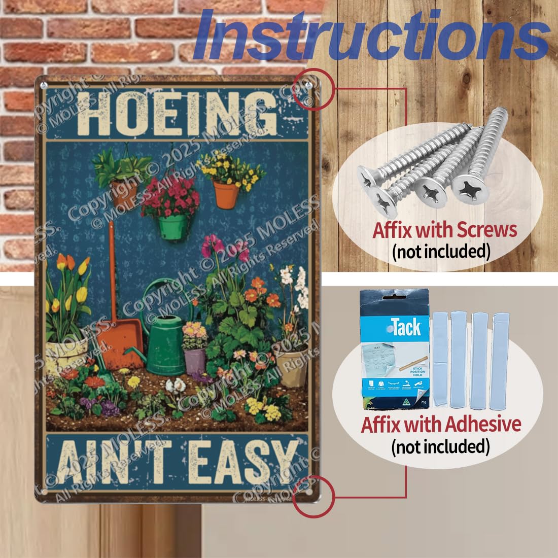 MOLESS garden sign on wall decorates sheds with playful charm.