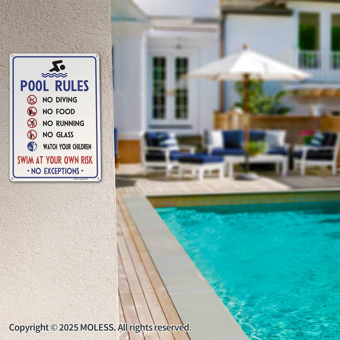 MOLESS pool rules sign Swim At Your Own Risk outdoor, reinforces supervision cues.