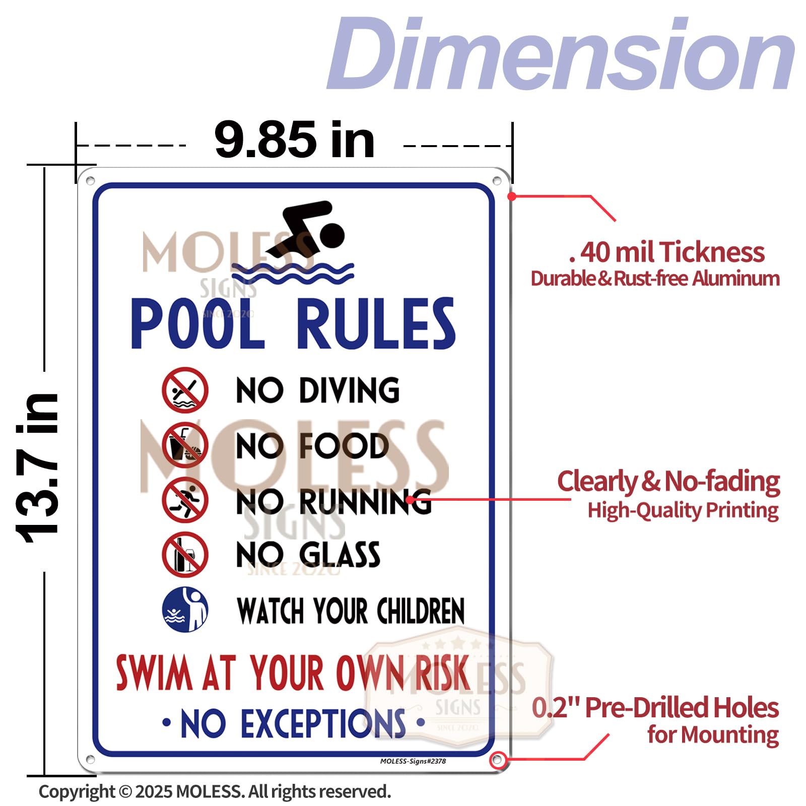 MOLESS pool rules sign Watch Your Children outdoor, highly legible from a distance.
