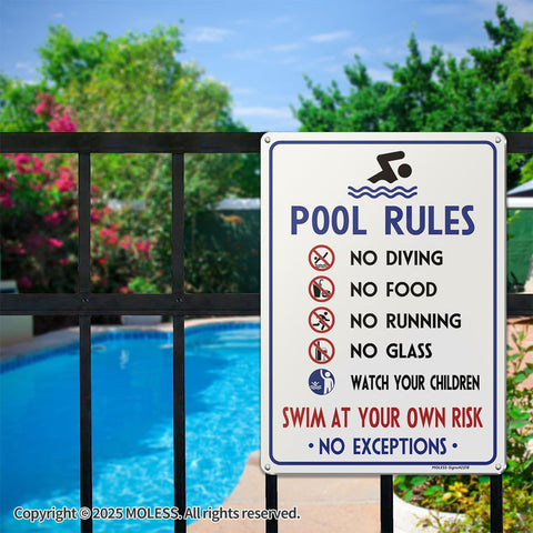 MOLESS pool sign with four pre-drilled holes for easy mounting.