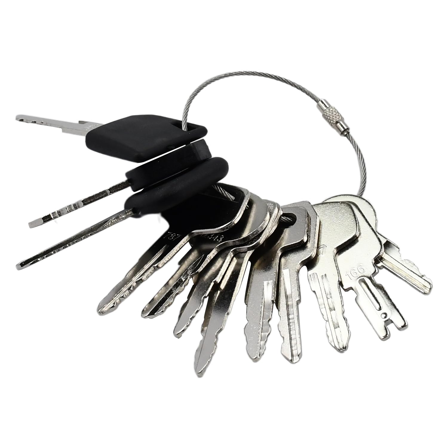 Molloparts universal forklift ignition key set on workbench, simplifies multi-brand replacement.