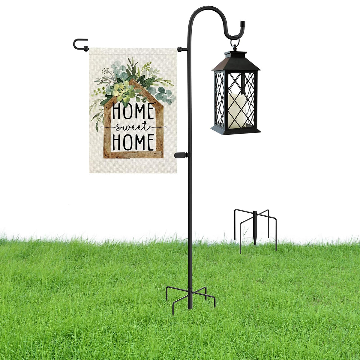 Monalife garden flag stand front view showing sturdy ground support for outdoor flags.