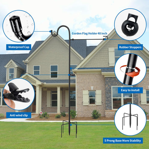 Monalife garden flag stand base-prongs demonstrating extra-long stability into soil for wind-proof outdoor use.