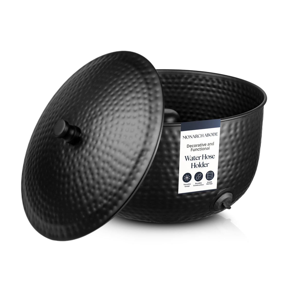 Monarch Abode garden-hose-holder-with-lid keeps hoses tidy and accessible outdoors.