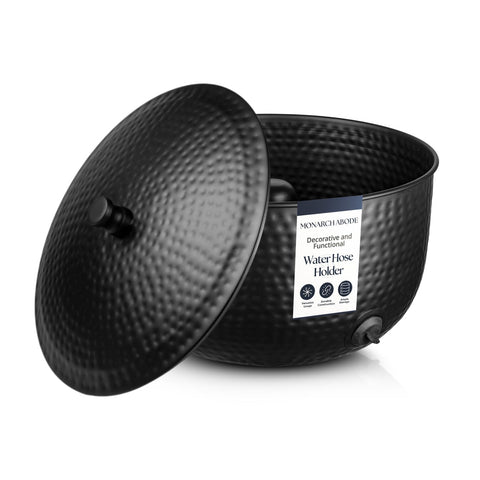 Monarch Abode garden-hose-holder-with-lid keeps hoses tidy and accessible outdoors.