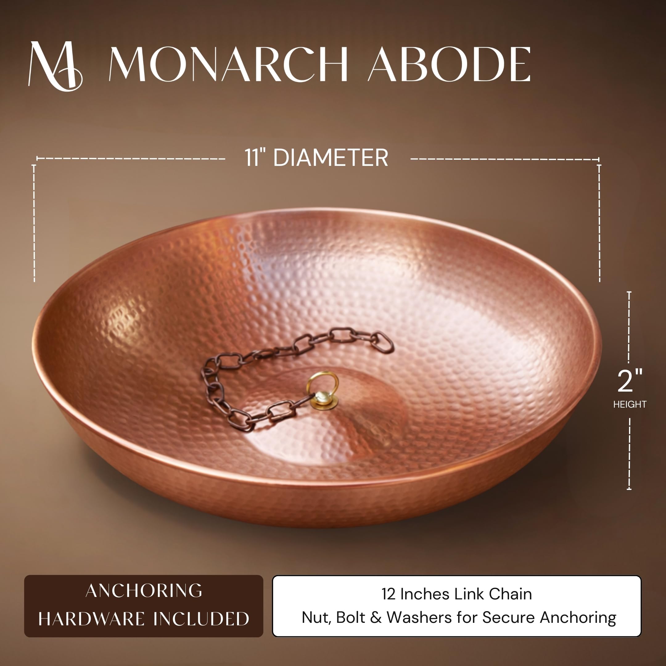 Monarch Rain Chains 12-inch copper link chain included for secure installation.