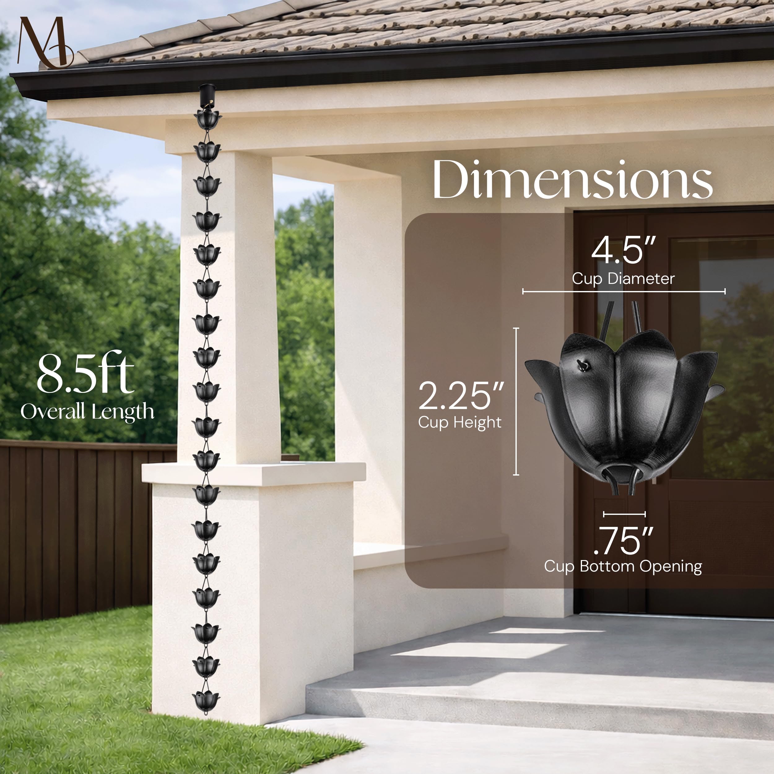 Monarch Rain Chains Aluminum Lotus Black 5-inch triangular hanger included for easy installation.