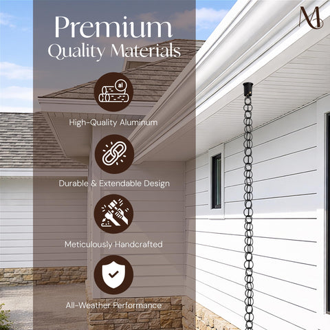 Monarch Rain Chains 57-link, 2-inch rings create a durable outdoor water channel.