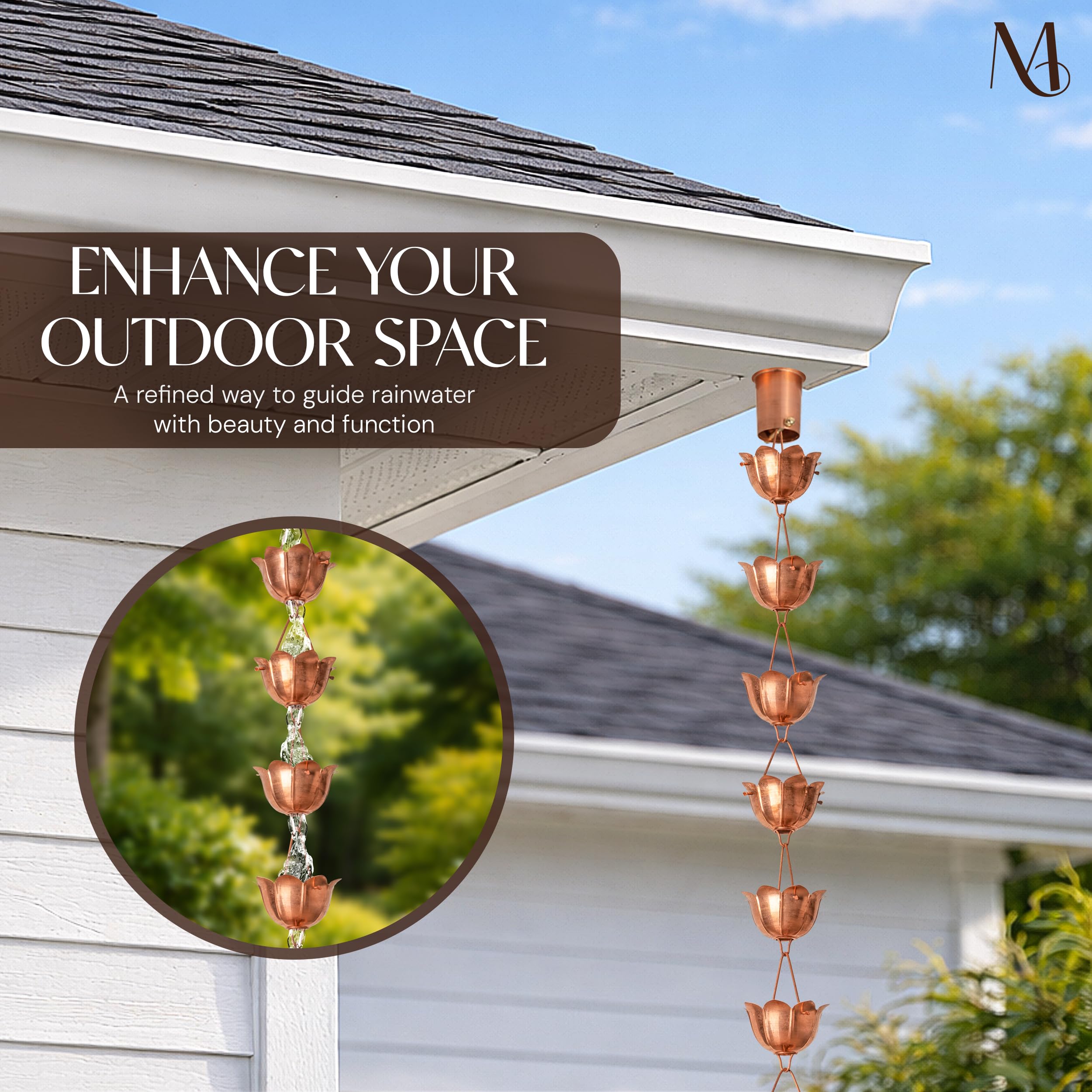Monarch Rain Chains 8.5 ft copper rain chain for stylish downspout replacement