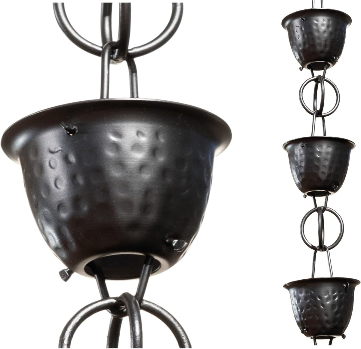 Monarch Rain Chains aluminum hammered cups closeup demonstrates durable gutter decor and smooth water flow.