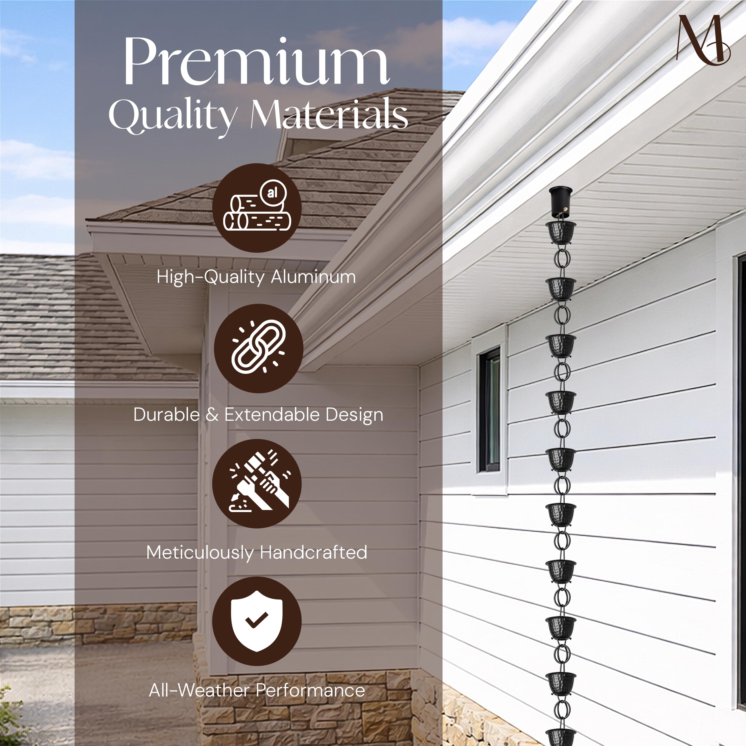 Monarch Rain Chains installation hanger closeup shows tool-free setup for easy outdoor use.