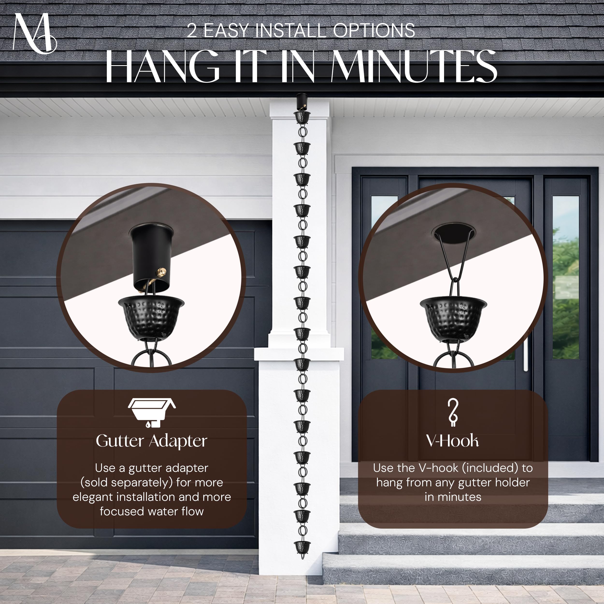 Monarch Rain Chains gutter attachment image depicts decorative downspout alternative for modern homes.