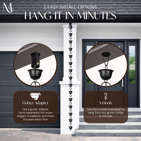 Monarch Rain Chains gutter attachment image depicts decorative downspout alternative for modern homes.