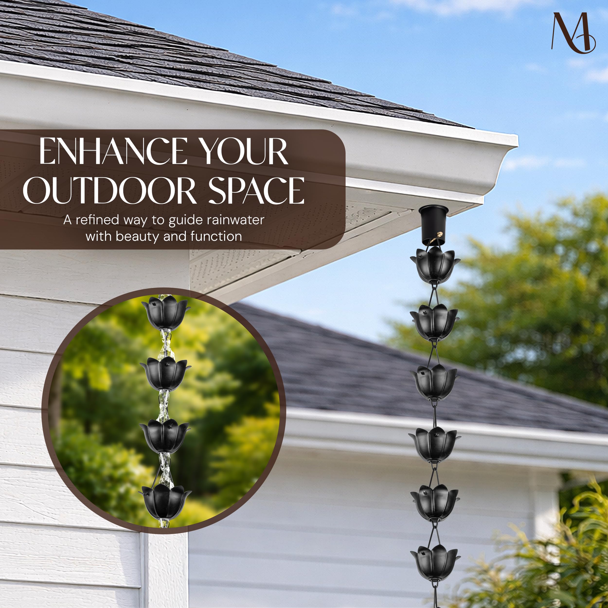 Monarch Rain Chains Aluminum Lotus Cups Black 8.5 ft shows durable matte-black finish for year-round use.