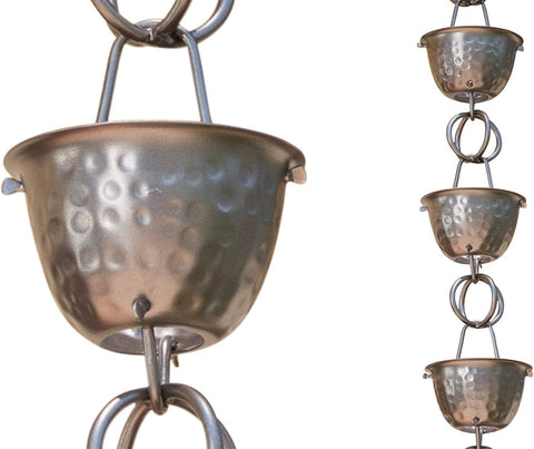 Monarch Rain Chains aluminum hammered cups in pewter guide rainwater with a stylish cascade.