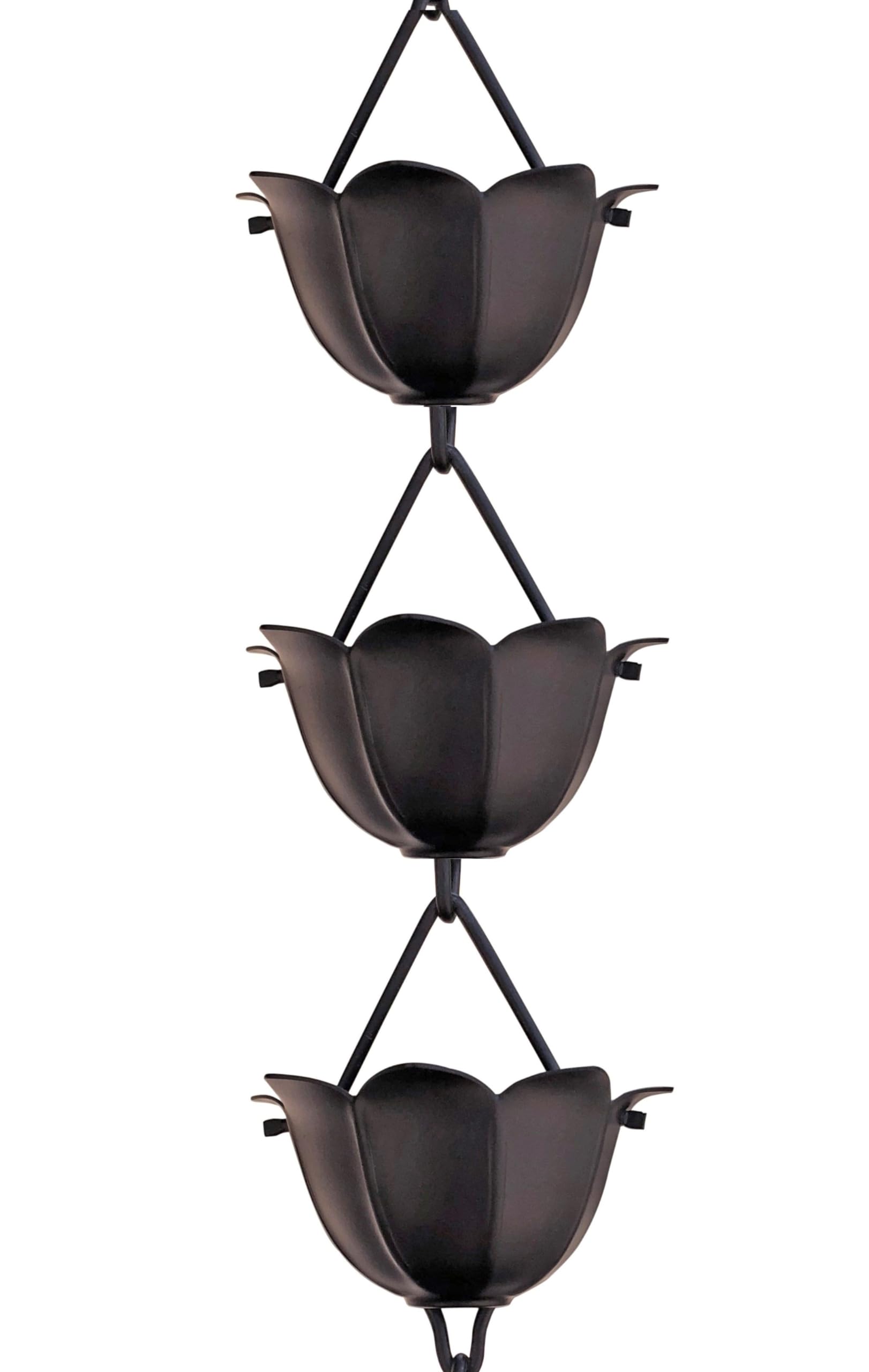 Monarch Rain Chains Aluminum Lotus Cups Black 8.5 ft enhances curb appeal with a sleek, calming water display.