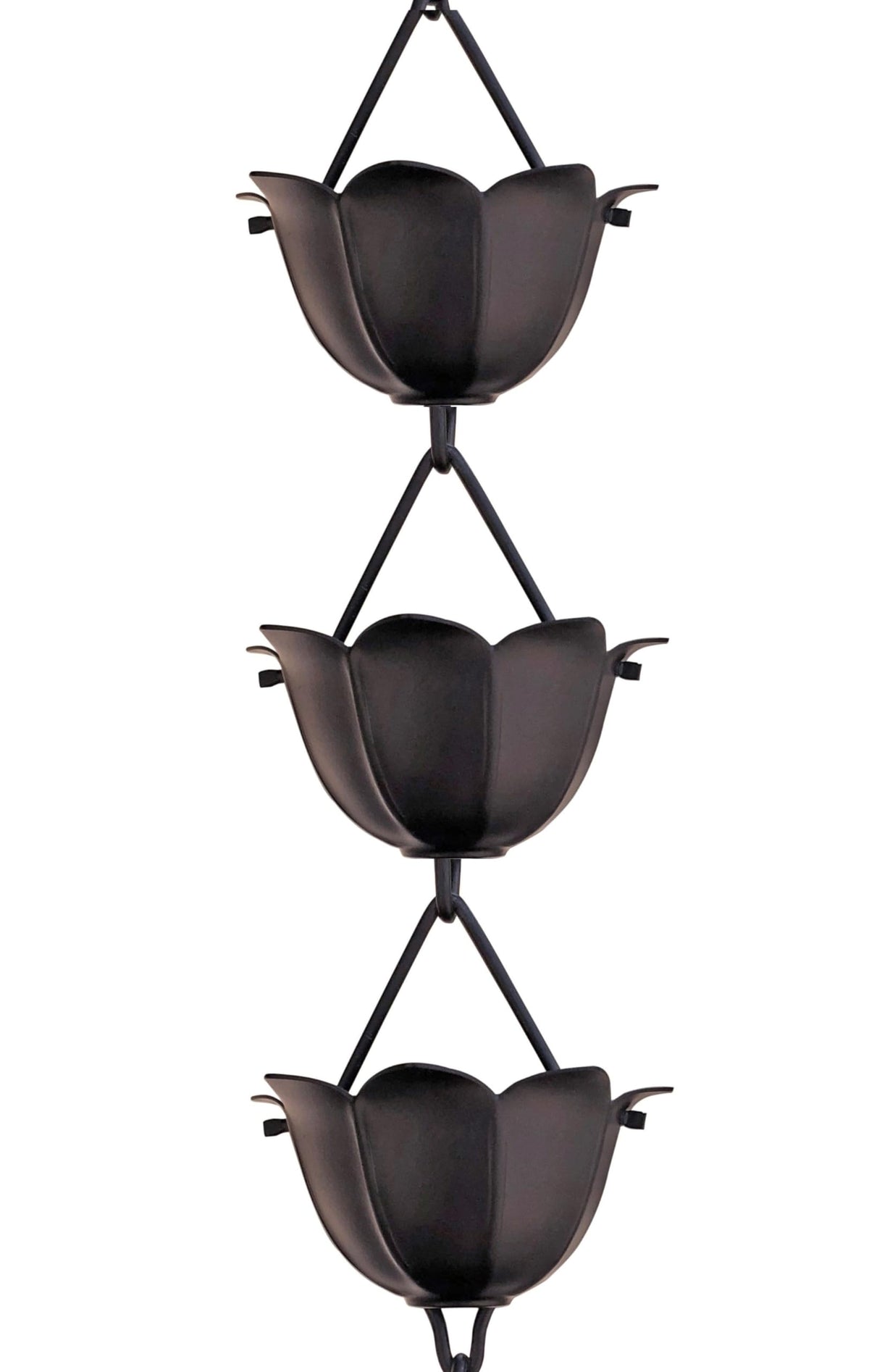Monarch Rain Chains Aluminum Lotus Cups Black 8.5 ft enhances curb appeal with a sleek, calming water display.
