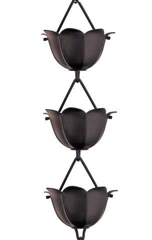 Monarch Rain Chains Aluminum Lotus Cups Black 8.5 ft enhances curb appeal with a sleek, calming water display.