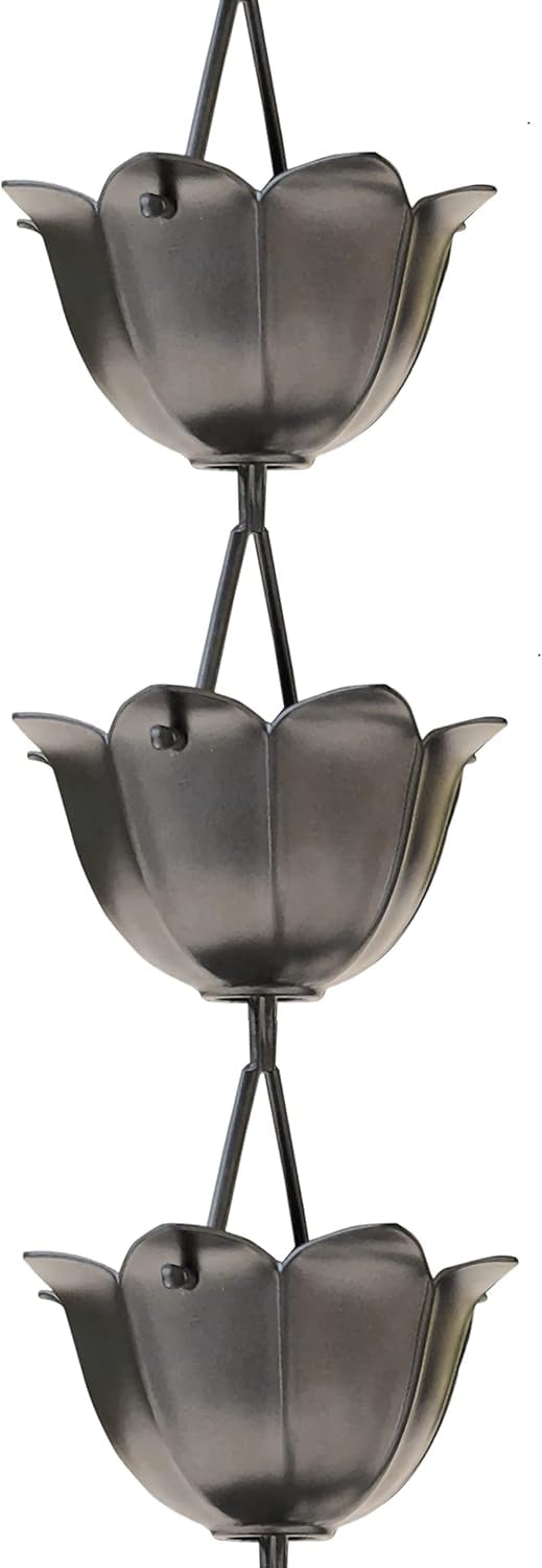 Monarch Rain Chains aluminum lotus cups pewter finish for stylish gutter decor and water flow.