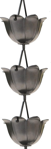 Monarch Rain Chains aluminum lotus cups pewter finish for stylish gutter decor and water flow.